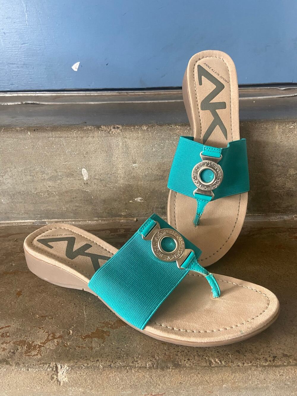 AK sport teal elastic band low wedge slip on thing sandal with goldtone hardware